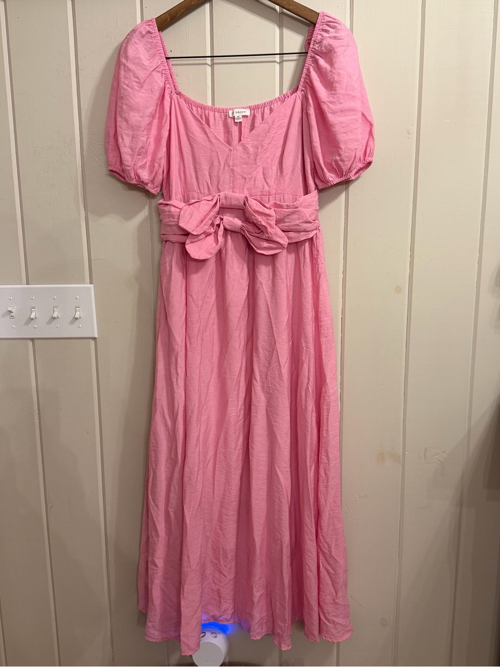 Blu Pepper Pink Puff-Sleeve Dress with Tie-Waist Bow, Size Medium